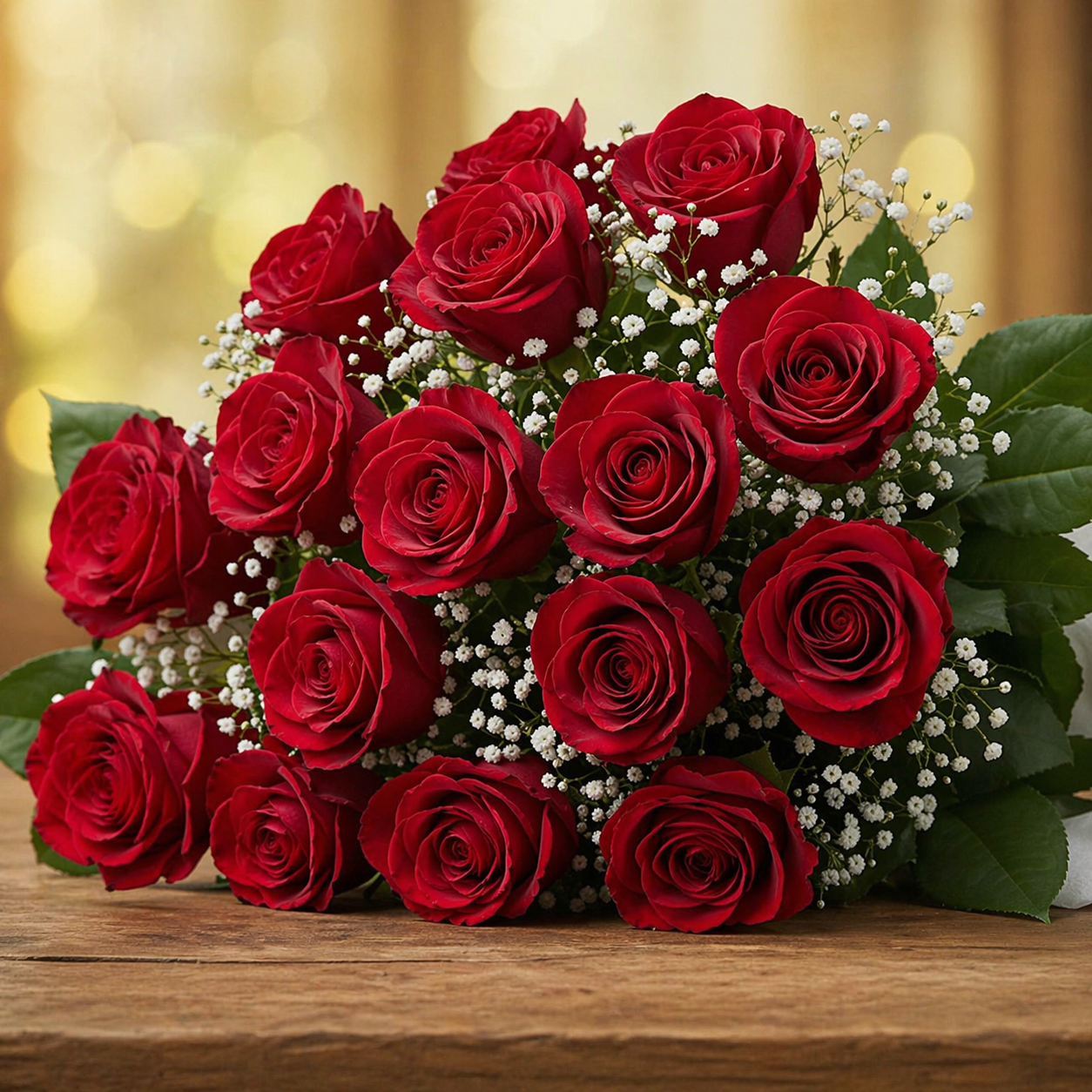 Mazzo Di Rose Rosse Con Gypsofila