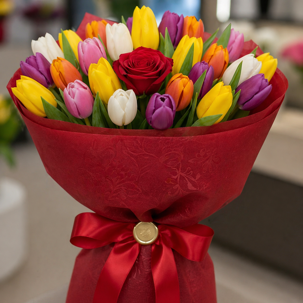 Bouquet Di Tulipani Con Rosa Rossa