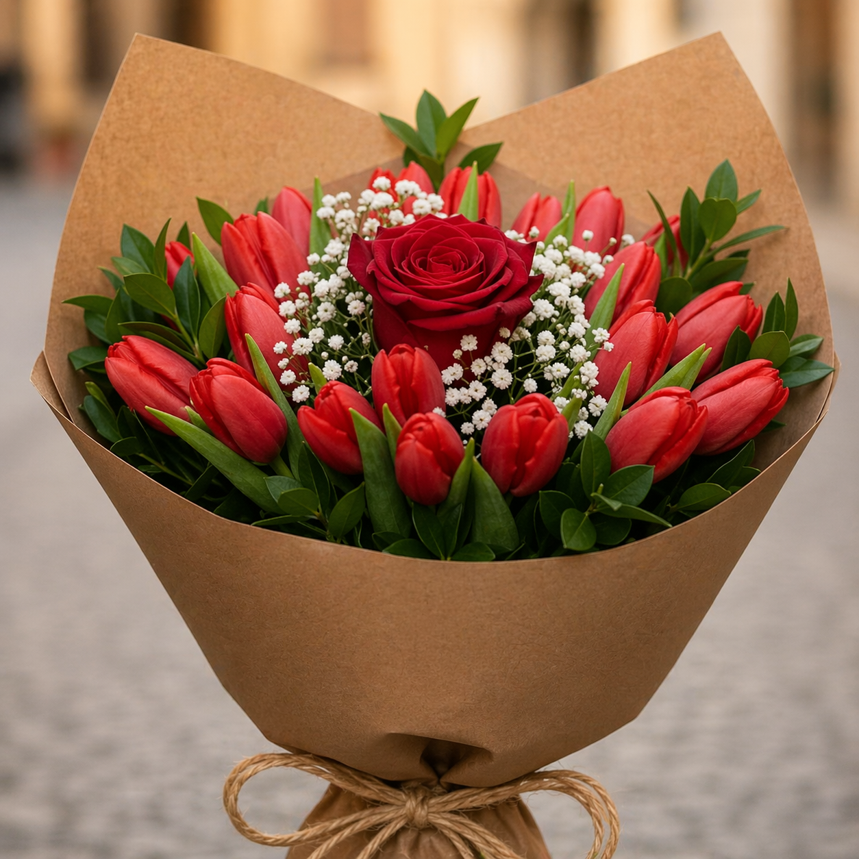 Tulipani Rossi Con Rosa Rossa
